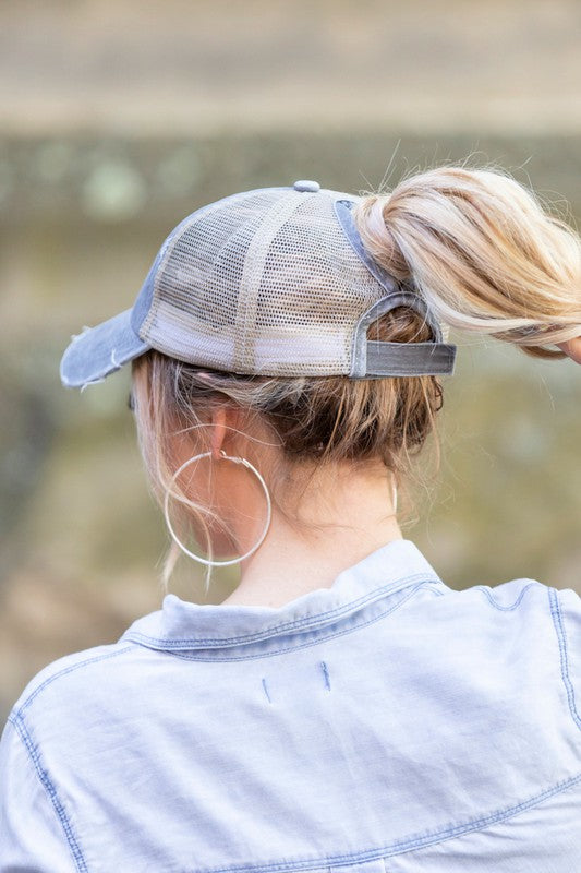 Distressed Messy Bun Hat Cap | Casual Hat Cap With Opening High & Twill Closure