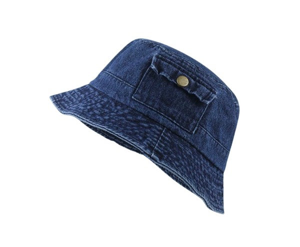 Pocket Accent Denim Bucket Hat | Solid Washed Denim Cotton Bucket Hat With