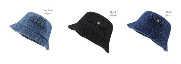 Pocket Accent Denim Bucket Hat | Solid Washed Denim Cotton Bucket Hat With