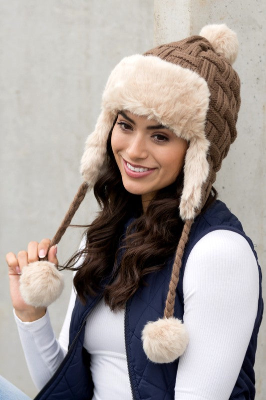Cable Weave Pom Trapper Hat | Polyester Trapper Hat With Faux Fur Pom Accent