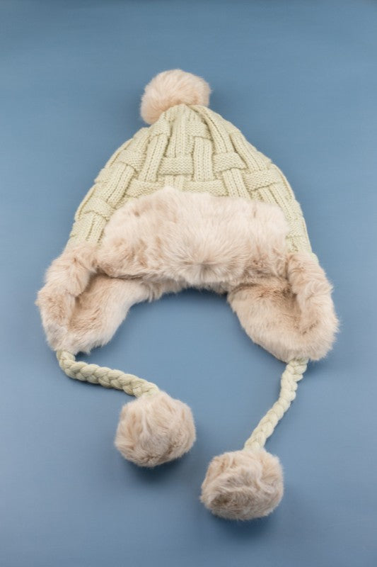 Cable Weave Pom Trapper Hat | Polyester Trapper Hat With Faux Fur Pom Accent