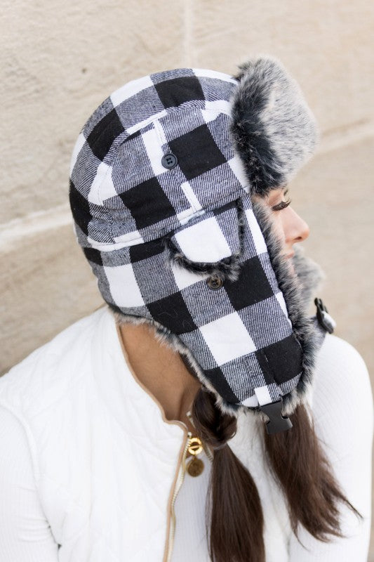 Buffalo Trapper Hat | Flannel Exterior And Faux Fur Interior Accent With Flap