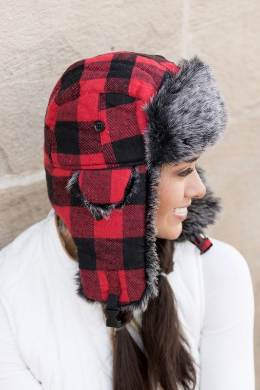 Buffalo Trapper Hat | Flannel Exterior And Faux Fur Interior Accent With Flap