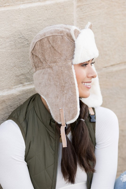 Kitten Ear Trapper Hat | Super Soft Faux Fur Plush Lining Hat With Flap Detail