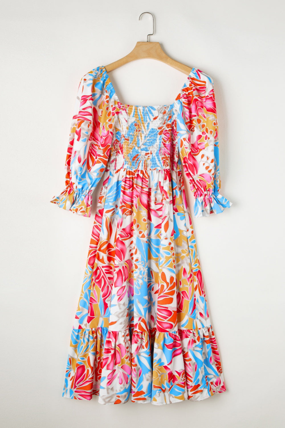 Smocked Printed Half Sleeve Midi Dress | Casual A-Line Floral Polyester Dress