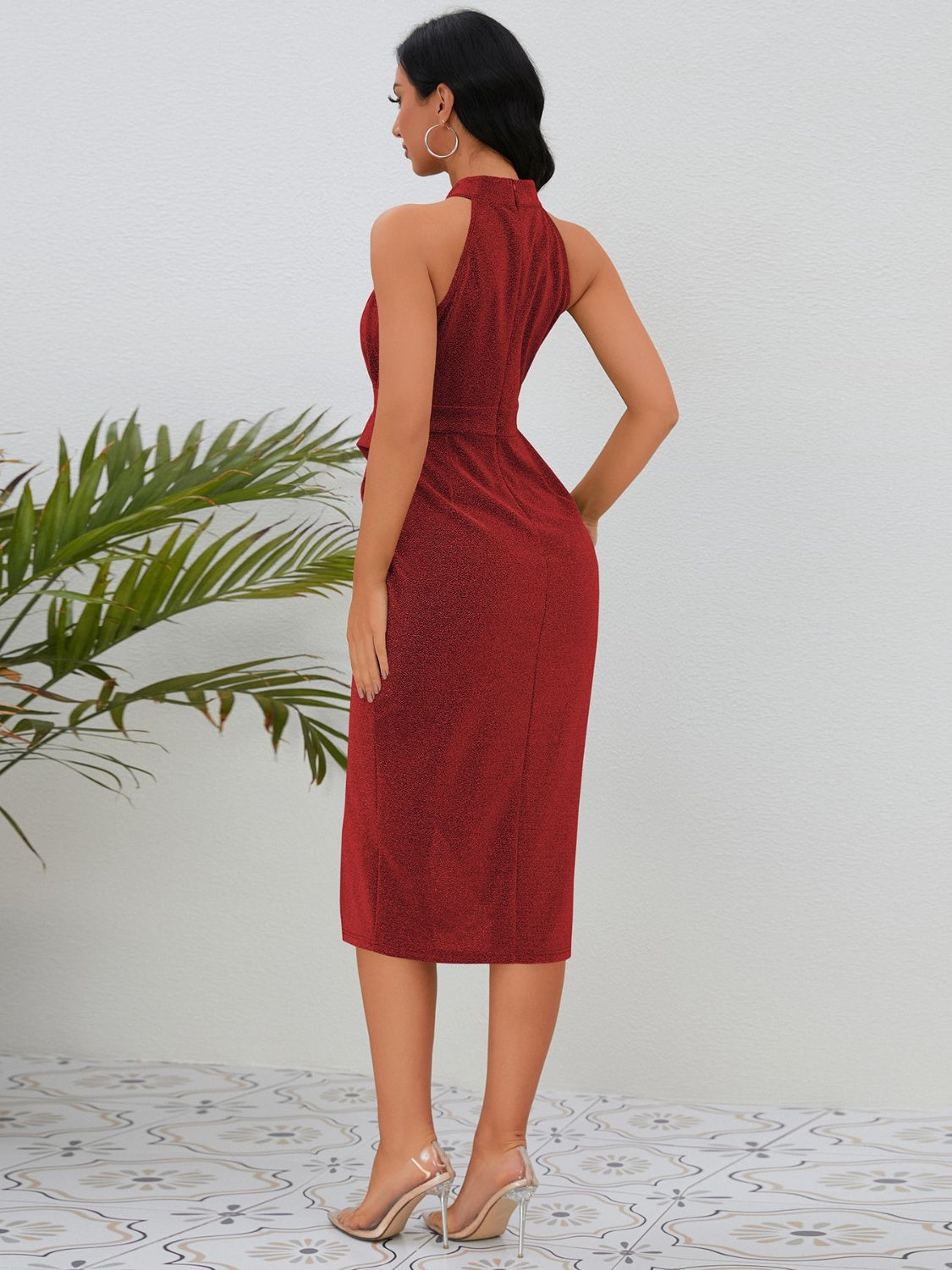 Slit Ruched Mock Neck Sleeveless Dress | Formal Sheath Solid Polyester Dress