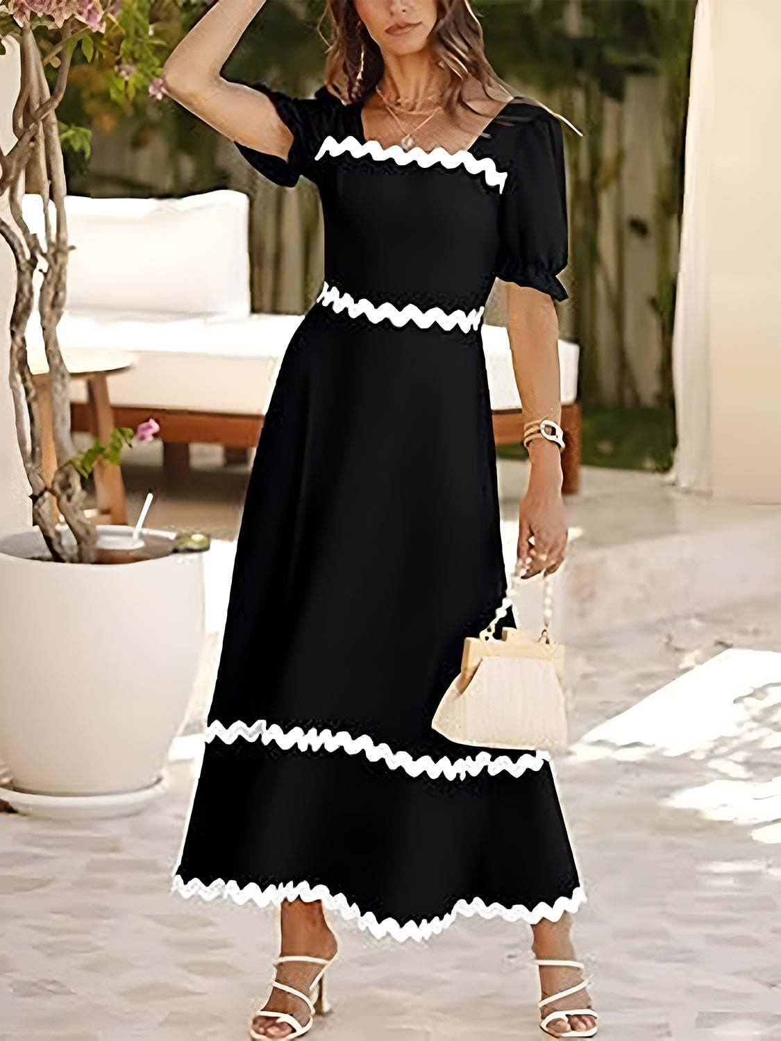 Contrast Square Neck Short Sleeve Dress | Casual A-Line Midi Polyester Dress