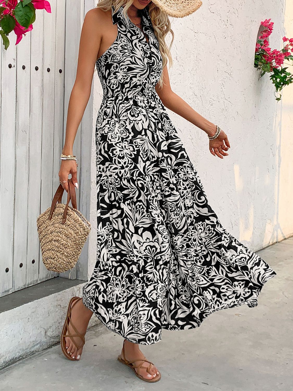 Backless Smocked Printed Sleeveless Midi Dress | Floral A-Line Halter Neck Dress