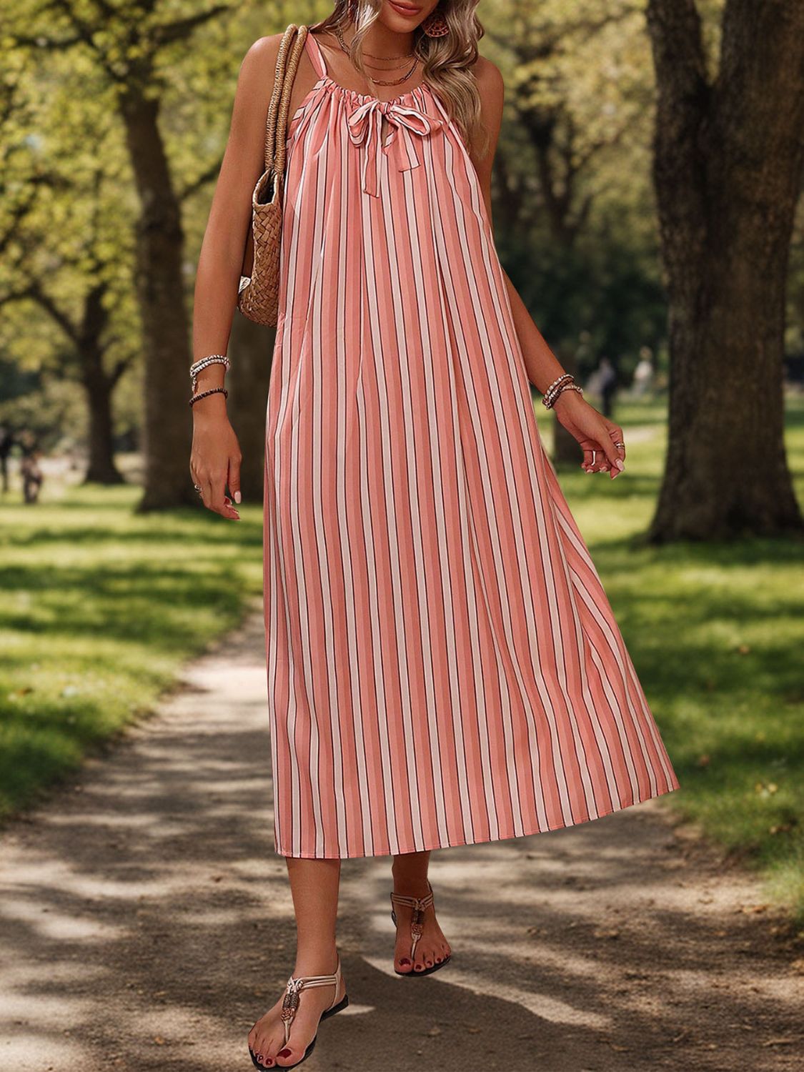 Striped Tie Neck Midi Cami Dress | Casual Relaxed Sleeveless Polyester Dress
