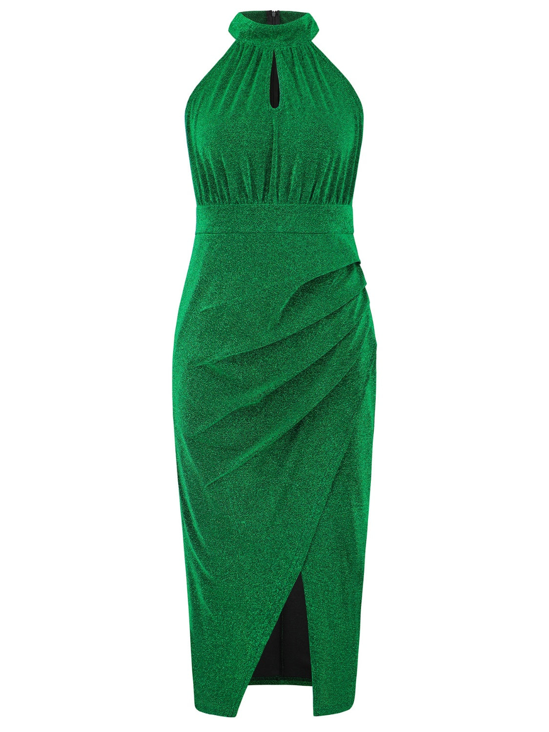 Slit Ruched Mock Neck Sleeveless Dress | Formal Sheath Solid Polyester Dress