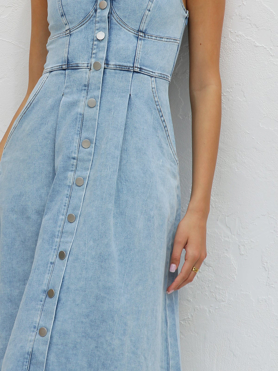 Sweetheart Neck Wide Strap Denim Dress | Casual Sleeveless A-Line Buttoned Dress