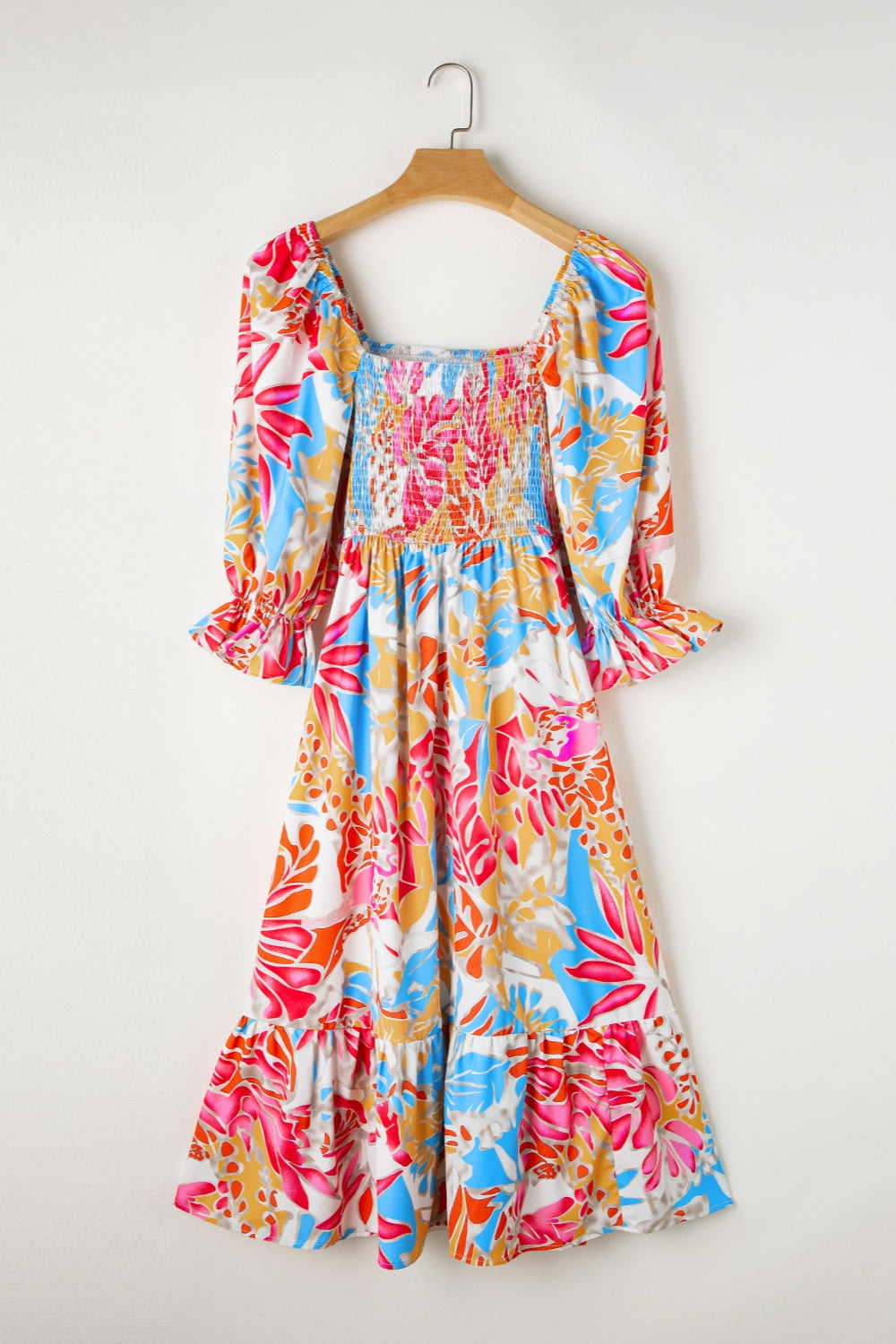 Smocked Printed Half Sleeve Midi Dress | Casual A-Line Floral Polyester Dress