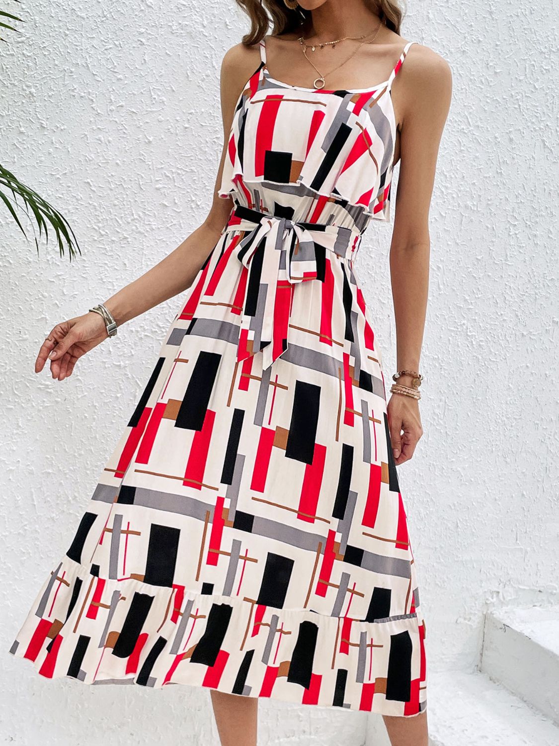 Ruffled Printed Tie Waist Midi Dress | Casual Sleeveless A-Line Strapped Dress