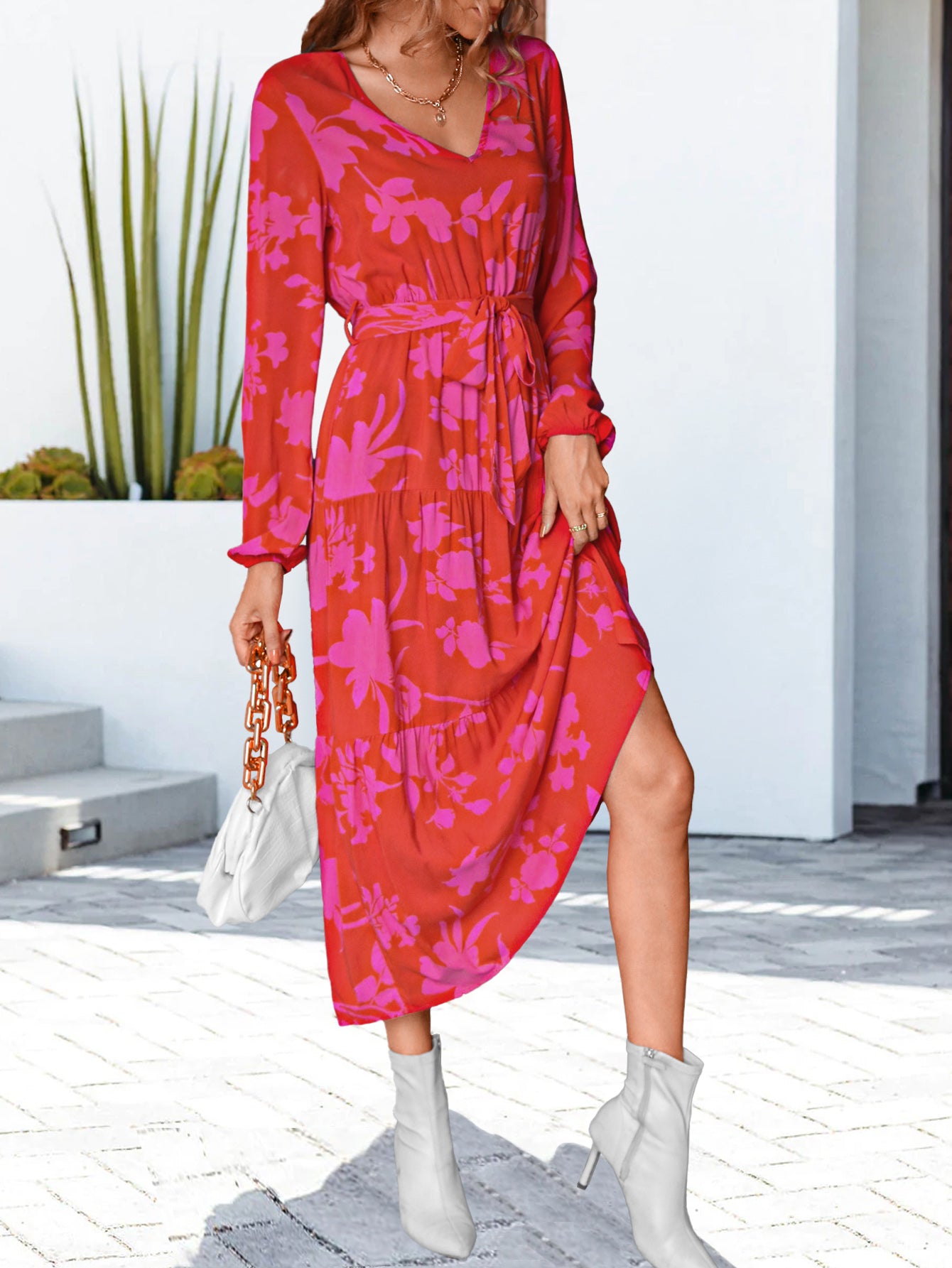 Floral V-Neck Long Sleeve Dress | A-Line Printed Belted Flounce Sleeve Dress