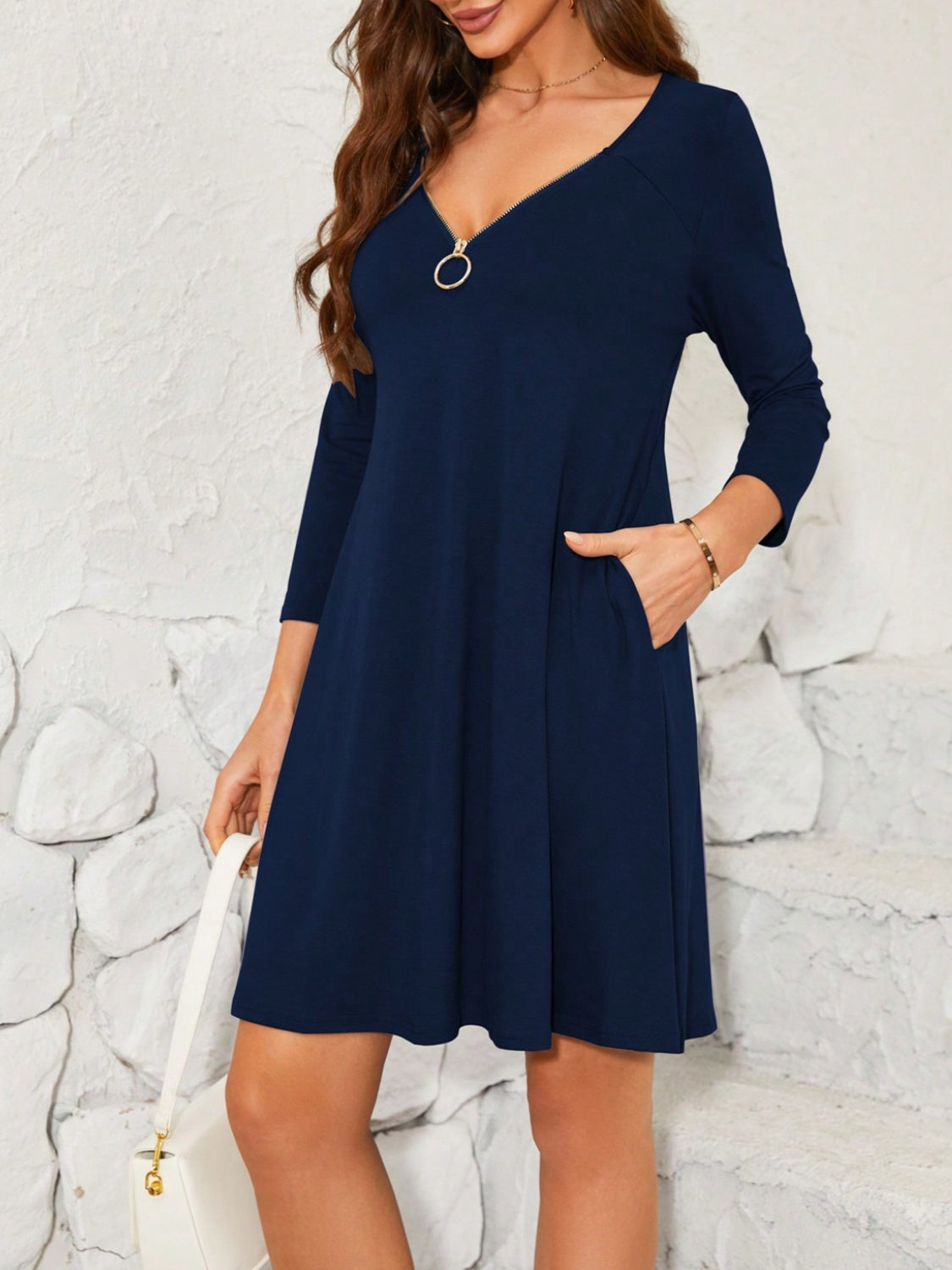 Quarter Zip Long Sleeve Dress | Casual A-line Stretchy Mini Polyester Dress