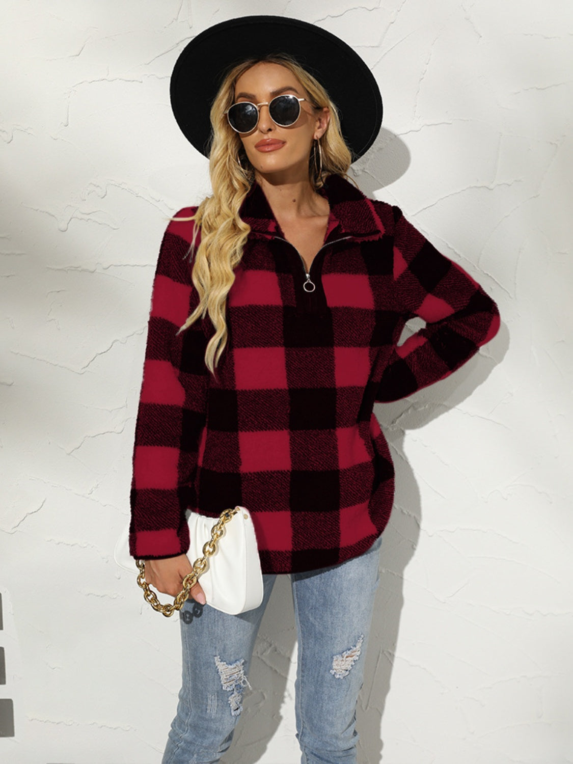 Plaid Half Zip Long Sleeve Sweatshirt | Polyester Sweatshirt With Collar Neck