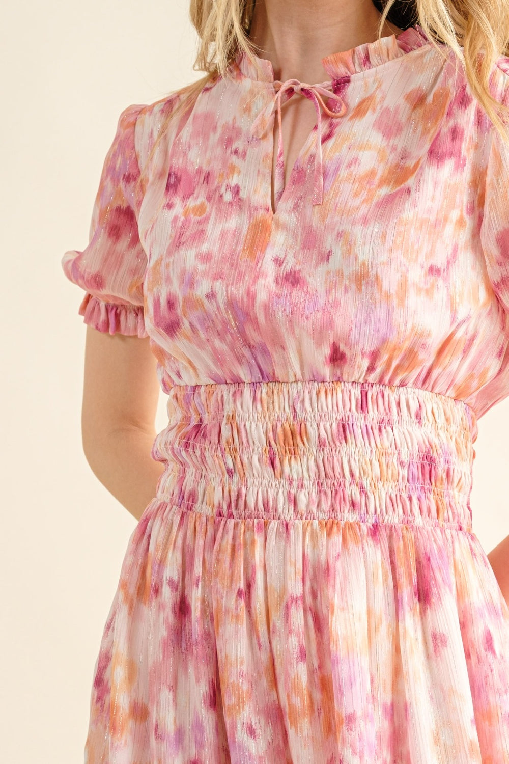 And The Why Full Size Smocked Waist Printed Midi Dress | Midi Ruched Dress