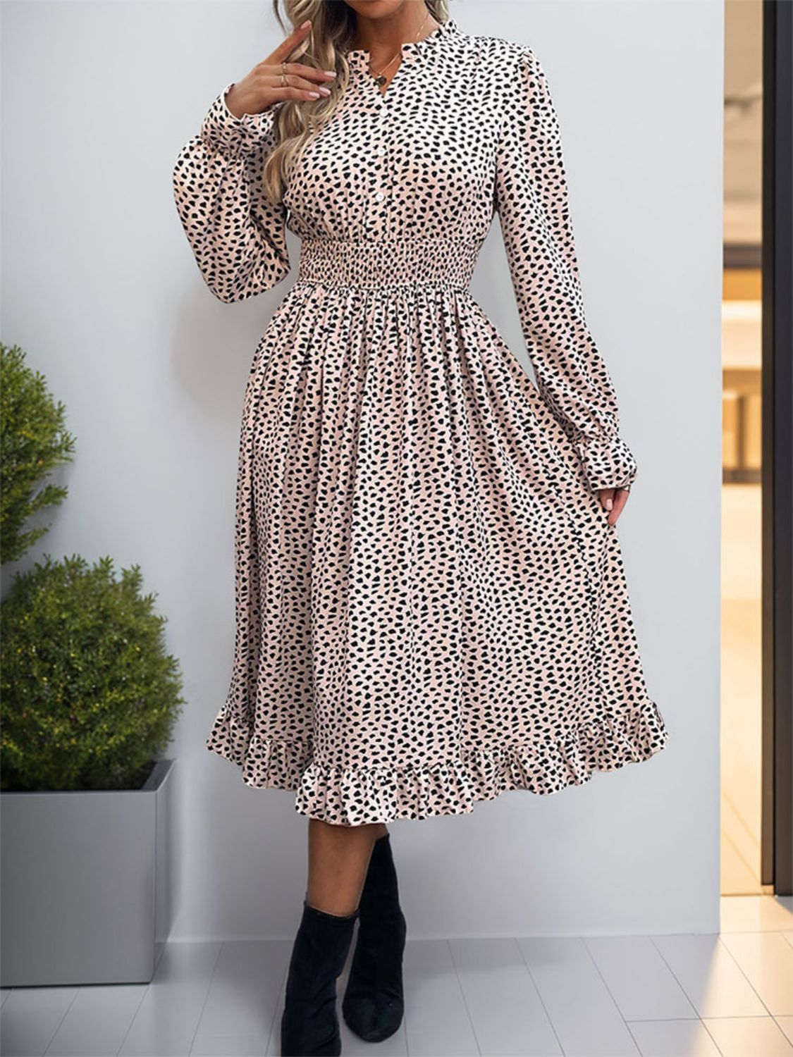 Ruched Ruffled Leopard Long Sleeve Dress | Casual Midi A-Line V-Neck Dress