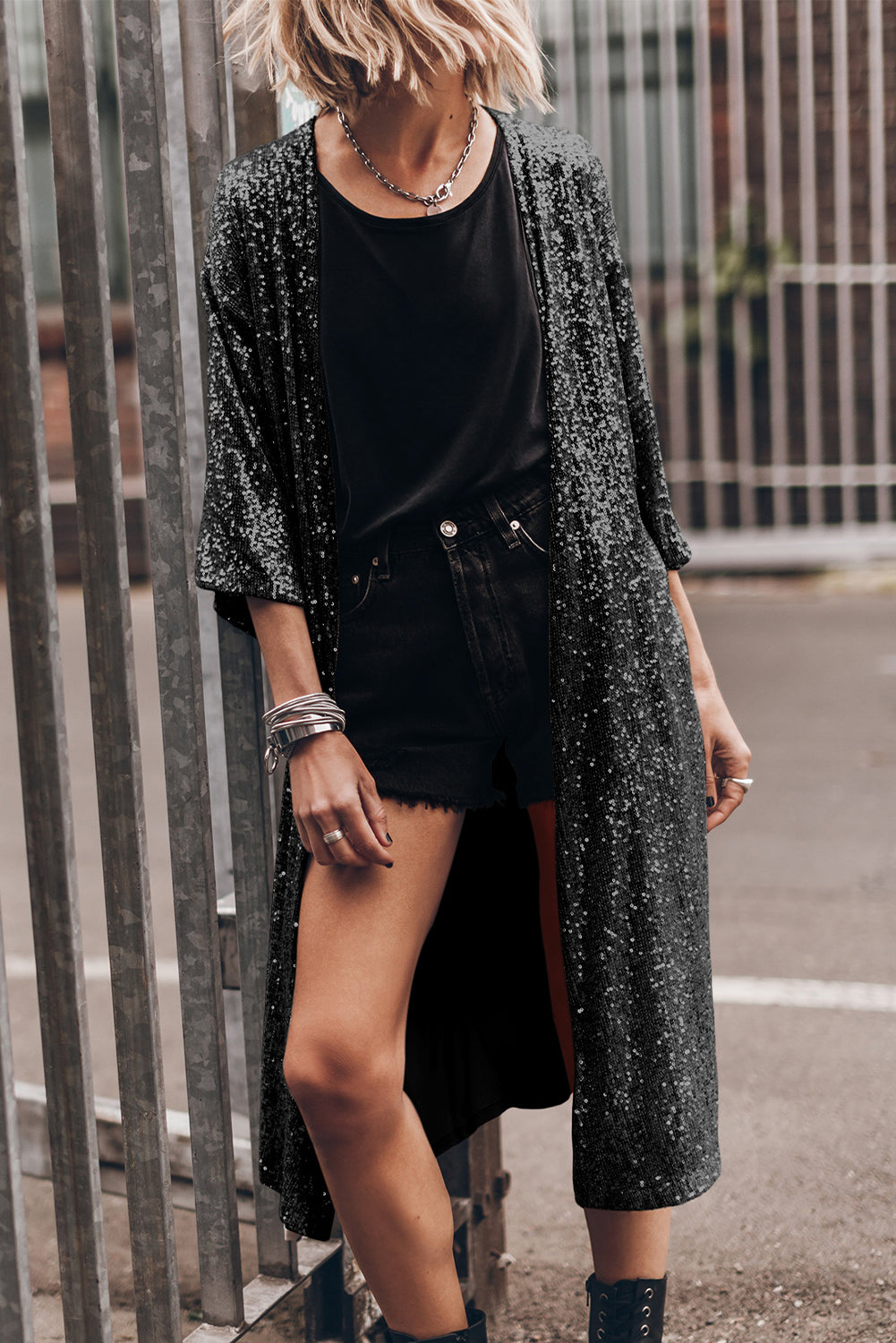Sequin Open Front Duster Cardigan | Casual Polyester Cardigan With 3\4 sleeves
