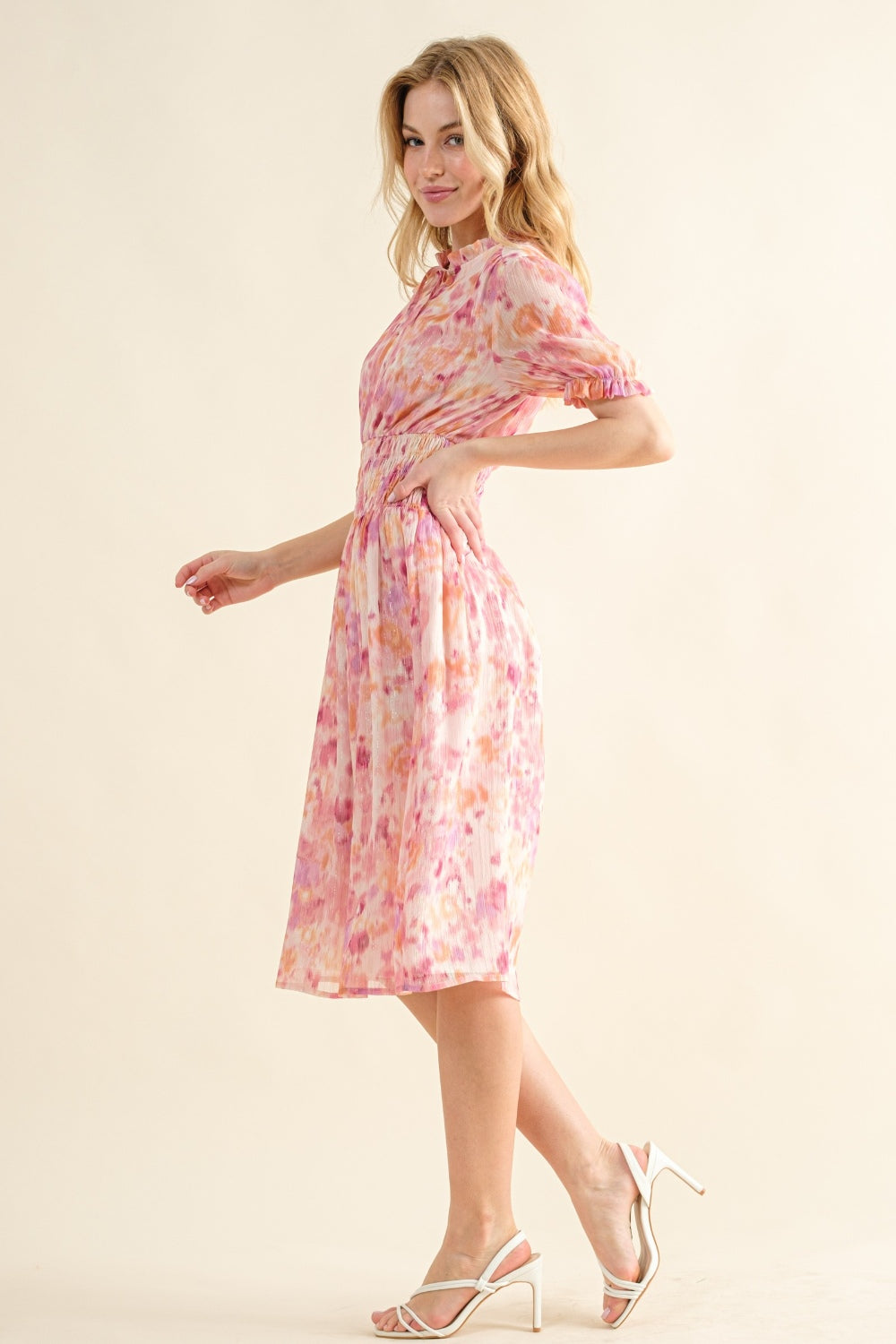 And The Why Full Size Smocked Waist Printed Midi Dress | Midi Ruched Dress