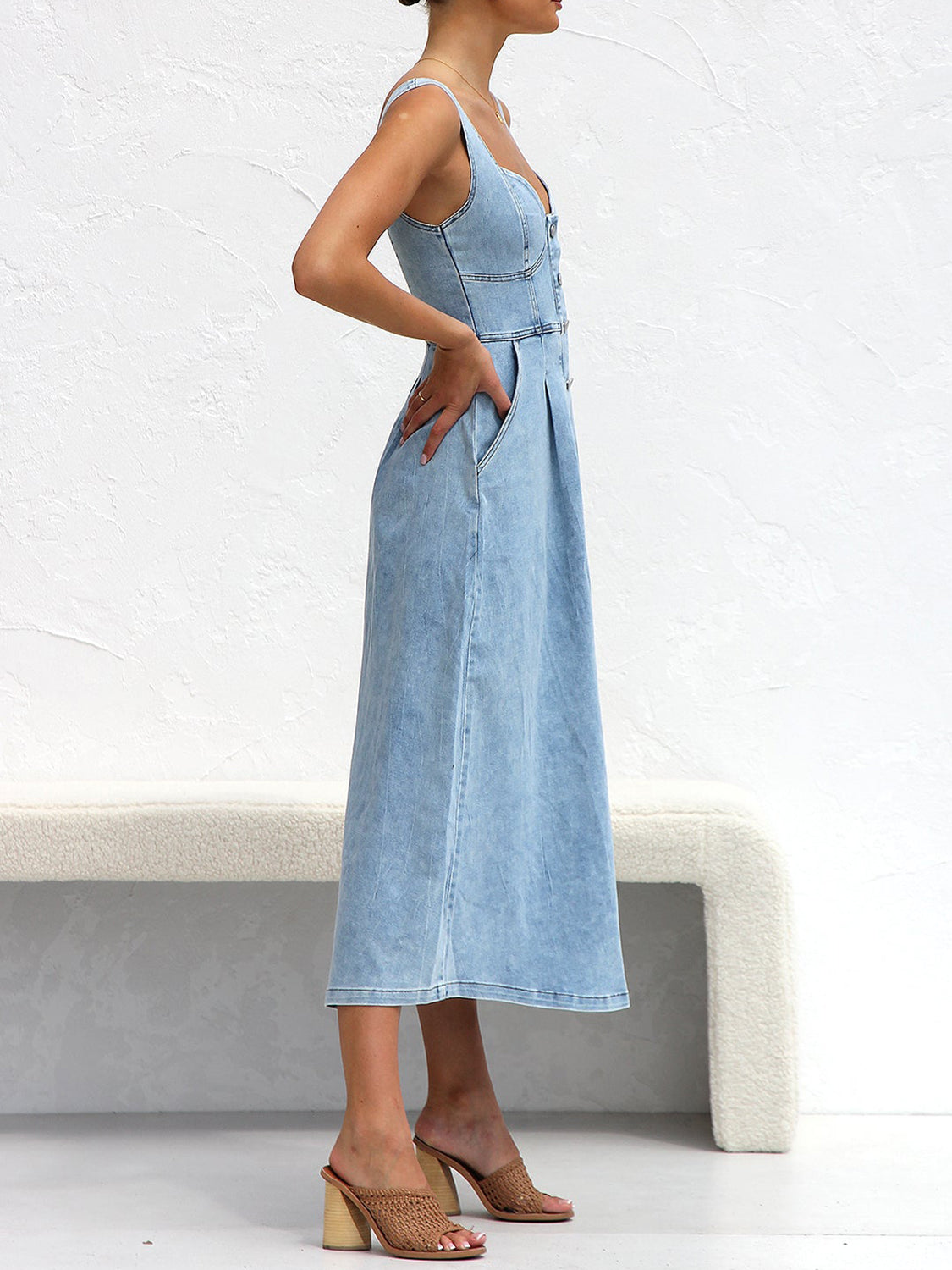 Sweetheart Neck Wide Strap Denim Dress | Casual Sleeveless A-Line Buttoned Dress