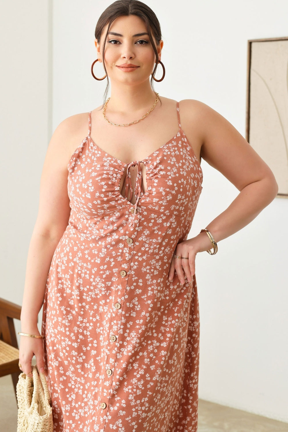 Zenobia Plus Size Cutout Floral Spaghetti Strap Dress | Casual Plus Size Dress