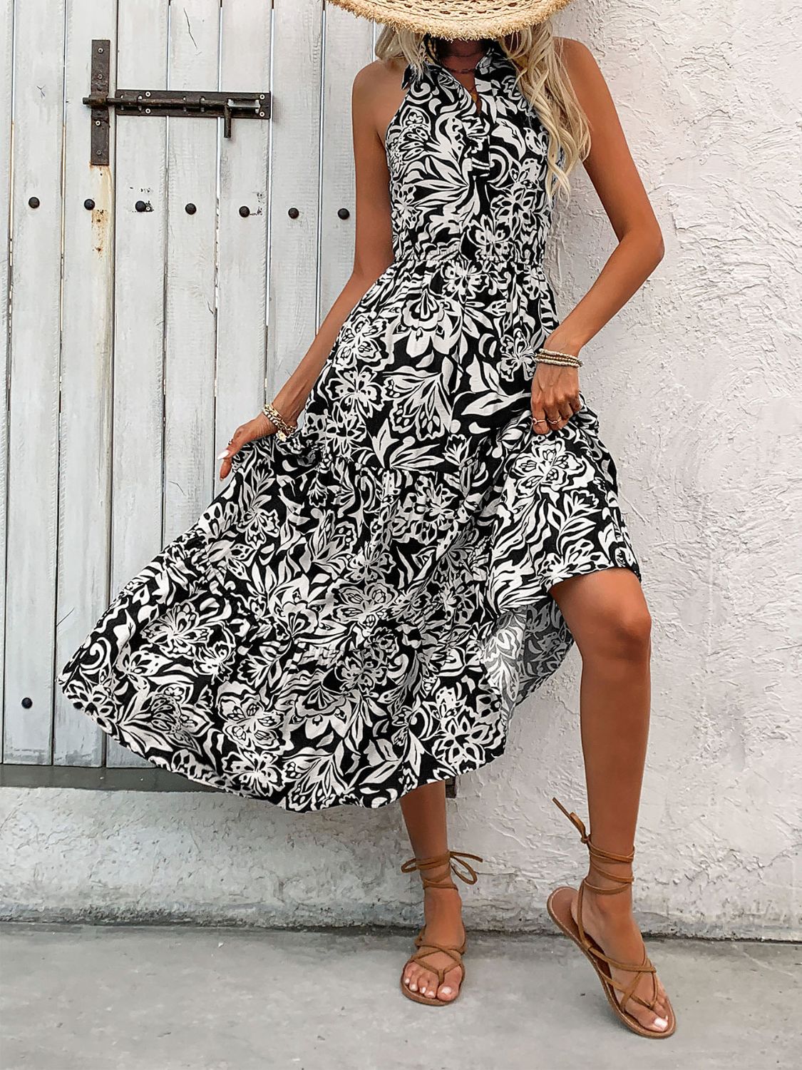 Backless Smocked Printed Sleeveless Midi Dress | Floral A-Line Halter Neck Dress
