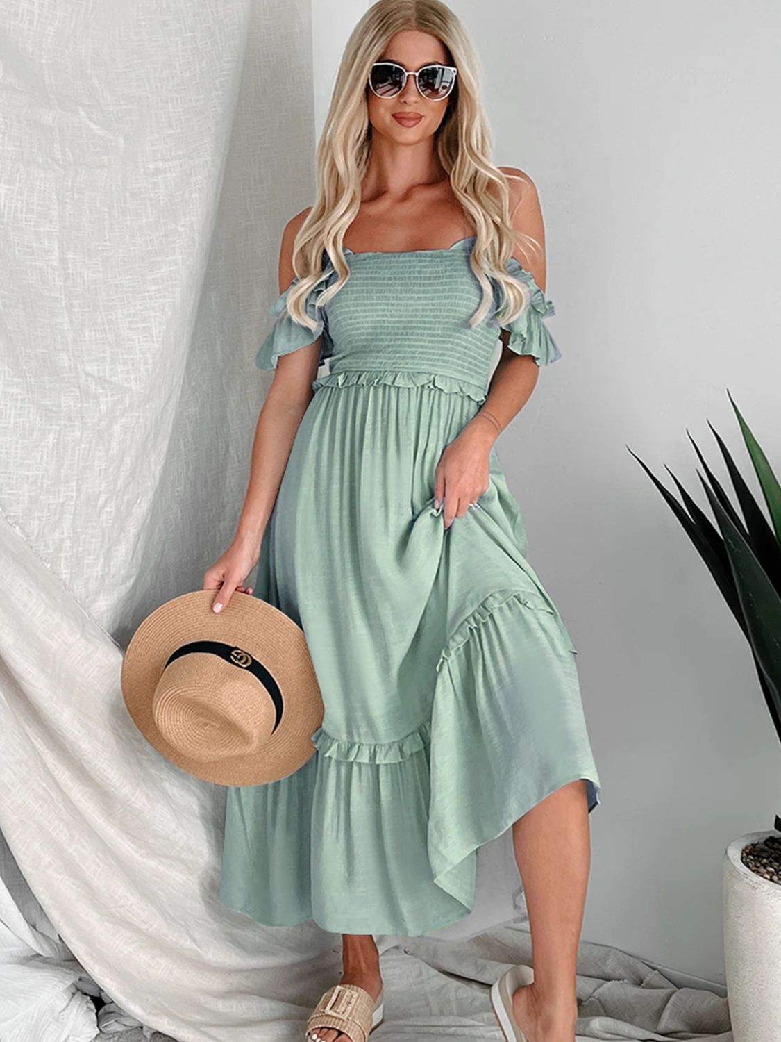 Frill Smocked Off-Shoulder Ruffle Sleeve Dress | Solid Dress W/ Short Sleeves