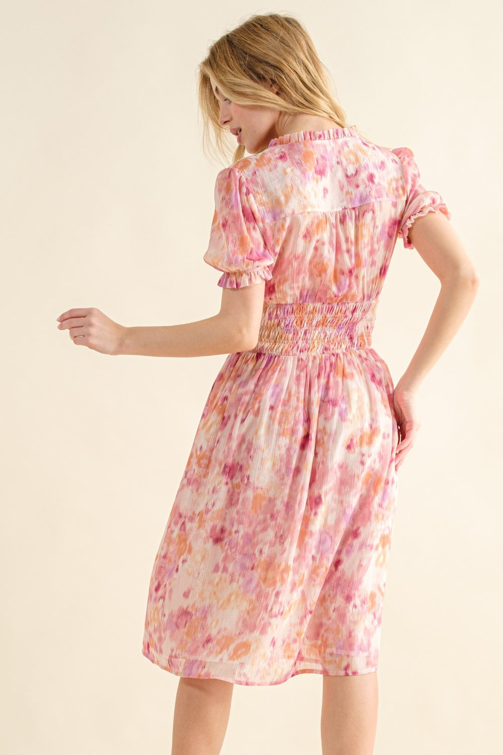 And The Why Full Size Smocked Waist Printed Midi Dress | Midi Ruched Dress