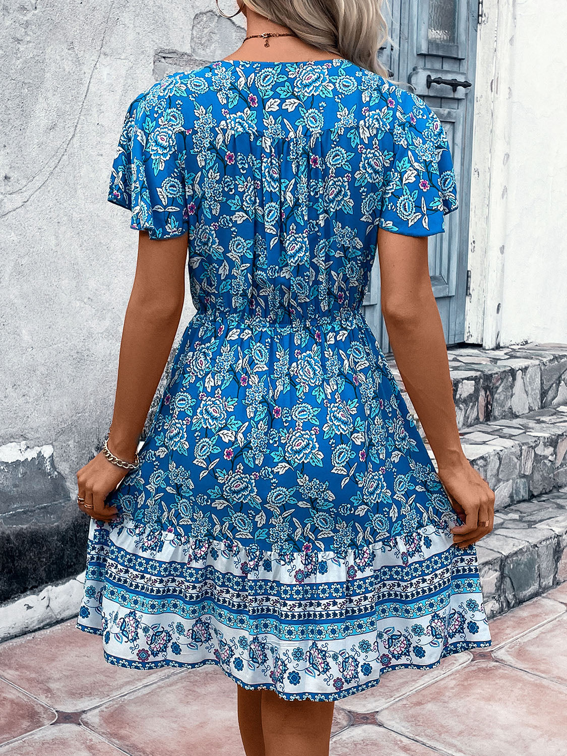 Printed V-Neck Flutter Sleeve Mini Dress | A-line Bohemian Viscose Dress