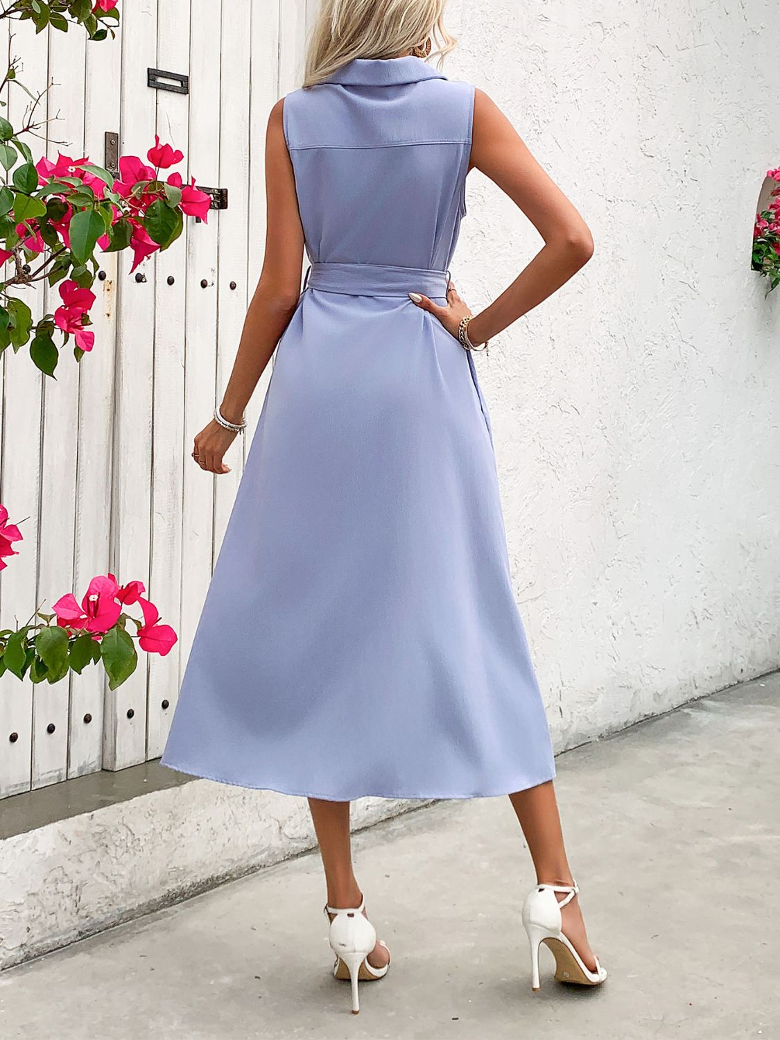 Collared Neck Sleeveless Dress | Midi A-line Sleeveless Dress W/ Tie Waist