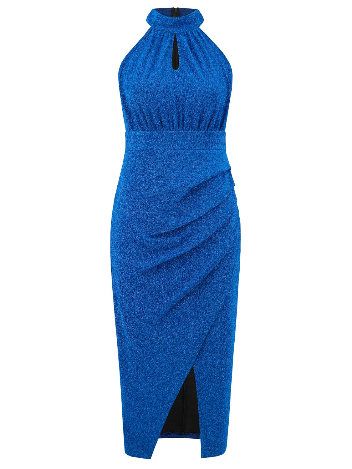 Slit Ruched Mock Neck Sleeveless Dress | Formal Sheath Solid Polyester Dress