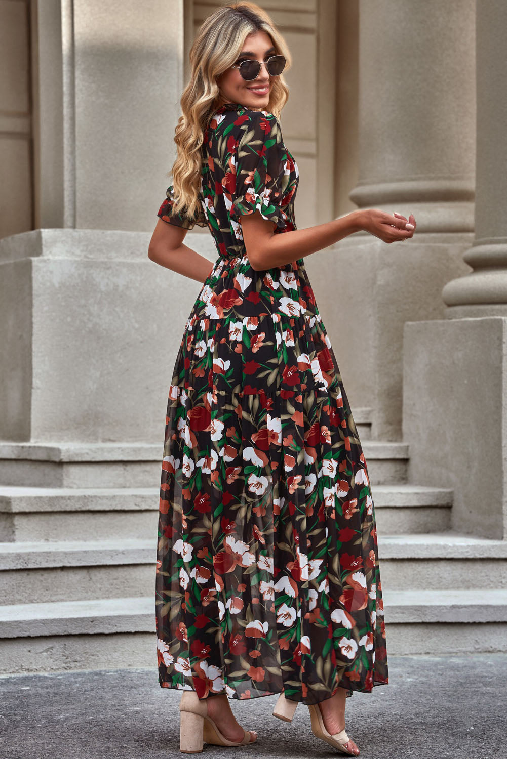 Floral V-Neck Short Flounce Sleeve Dress | Formal A-line Polyester Classy Dress