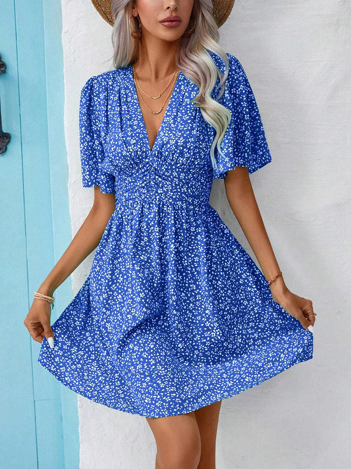 Printed V-Neck Half Sleeve Mini Dress | A-Line Floral Polyester Dress W/ V-Neck