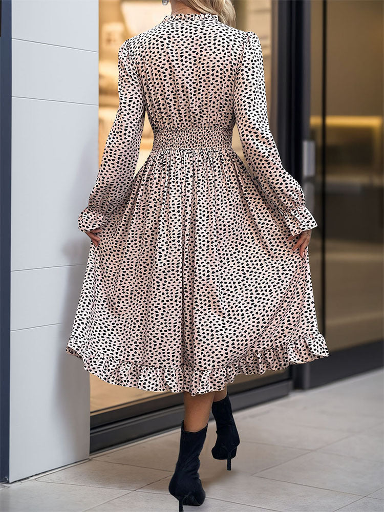 Ruched Ruffled Leopard Long Sleeve Dress | Casual Midi A-Line V-Neck Dress