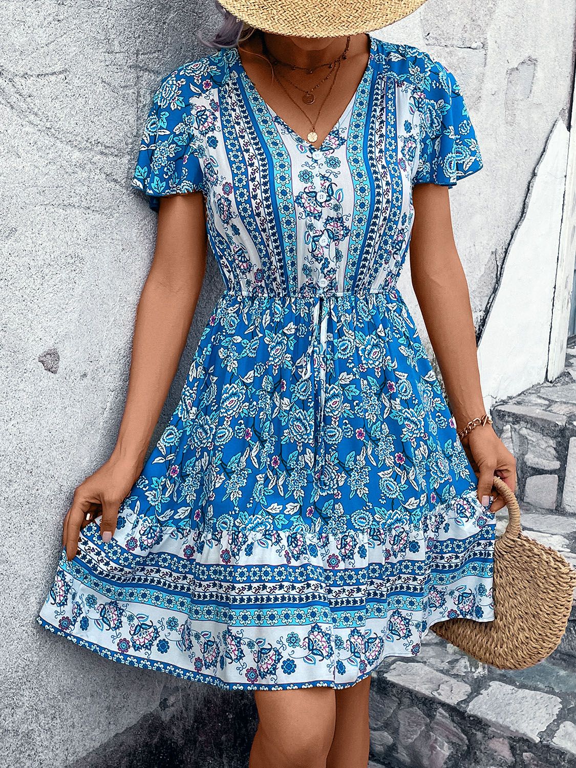 Printed V-Neck Flutter Sleeve Mini Dress | A-line Bohemian Viscose Dress