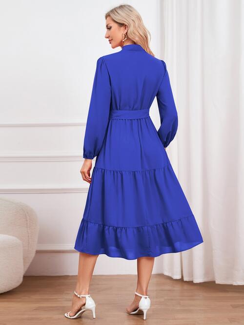 Tie Neck Long Sleeve Tiered Dress | Midi Dress With Waistband & Neck Bow