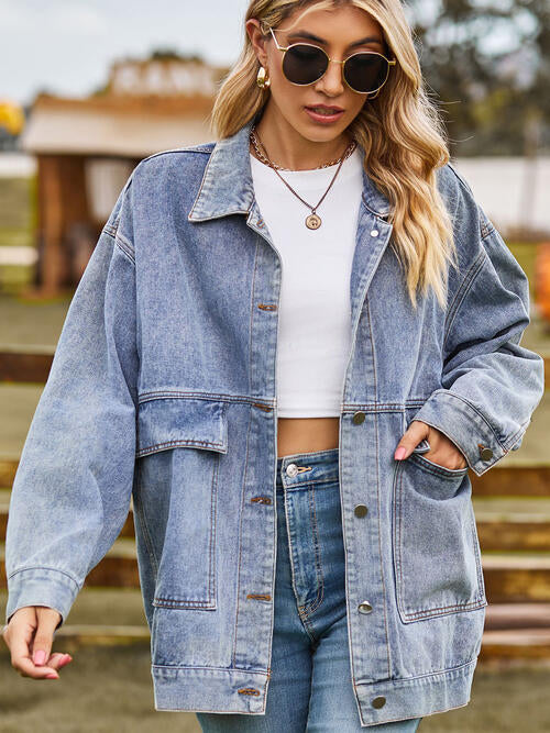 Collared Neck Button Up Denim Jacket | Casual Pocketed Jacket With Long Sleeves