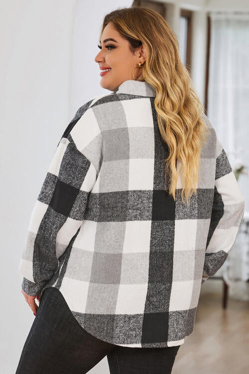 Plus Size Plaid Button Up Collared Neck Jacket | Polyester Jacket With Pockets