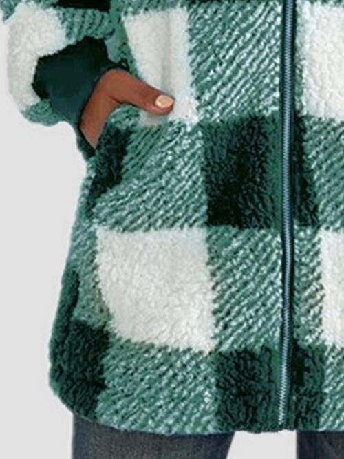 Plaid Zip Up Hooded Jacket with Pockets | Polyester Jacket With Cuffed Sleeves