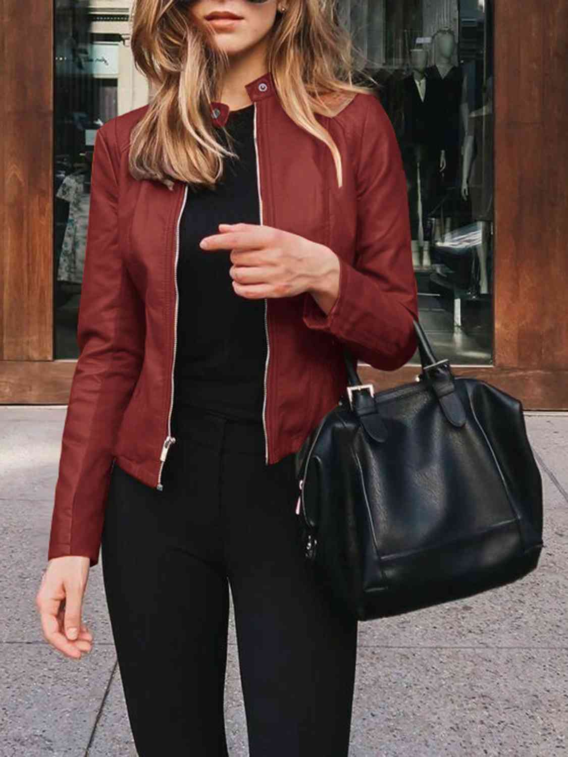 Mock Neck Zip Up Jacket | Casual Woman's Solid Polyester Spandex Jacket