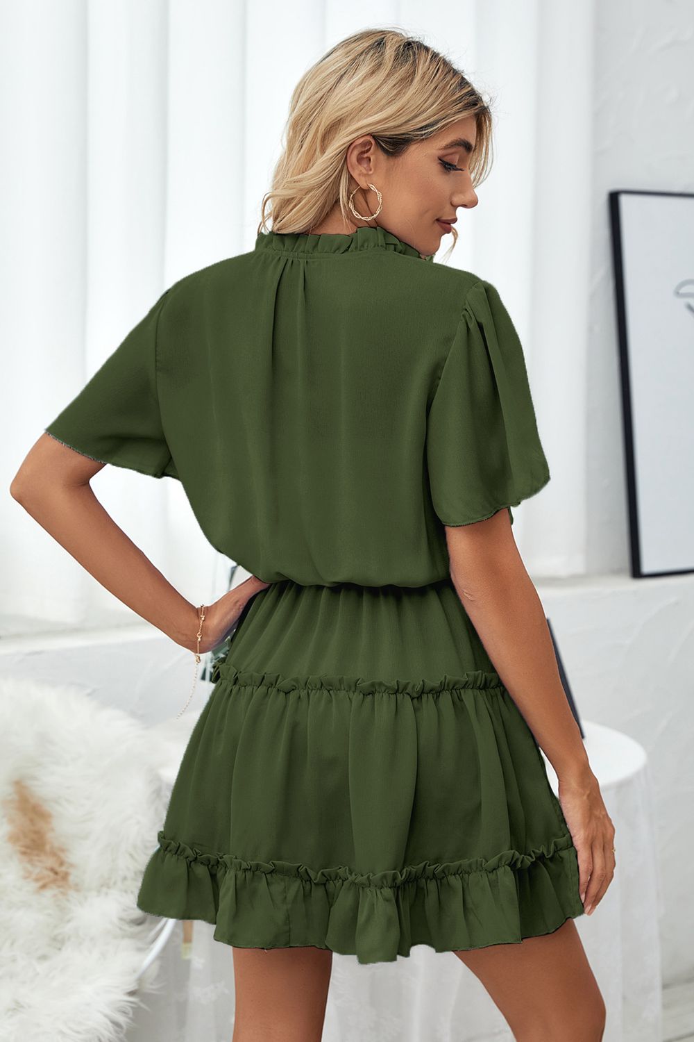 Tie Neck Frill Trim Short Sleeve Mini Dress | Mini Solid A-line Polyester Dress