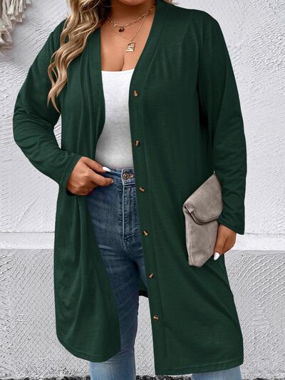 Plus Size Button Up Long Sleeve Cardigan | Casual Stretchy Polyester Cardigan