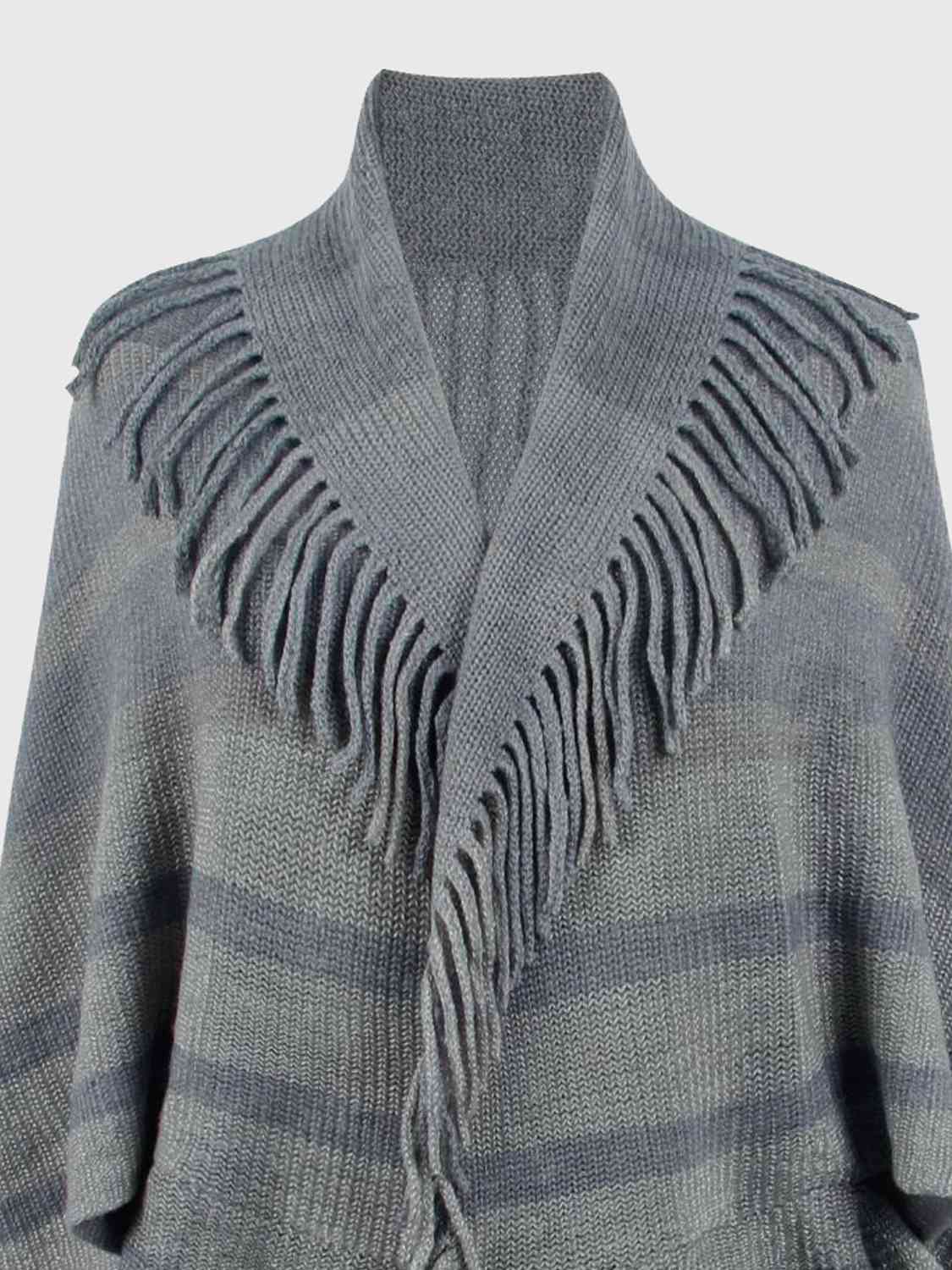 Fringe Detail Open Front Poncho | Casual Solid Stretchy Polyester Poncho