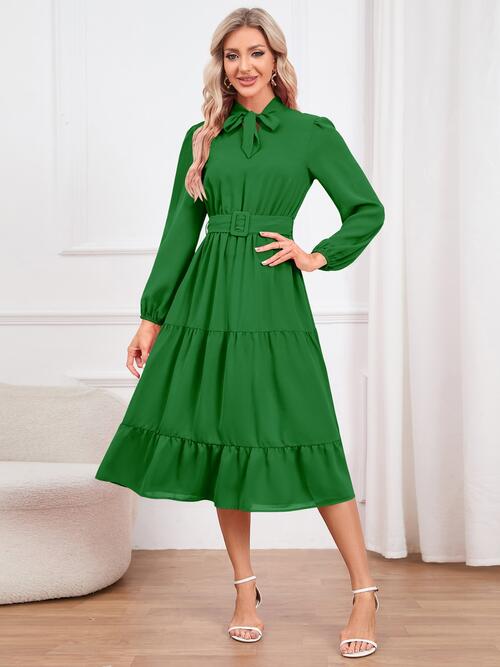 Tie Neck Long Sleeve Tiered Dress | Midi Dress With Waistband & Neck Bow