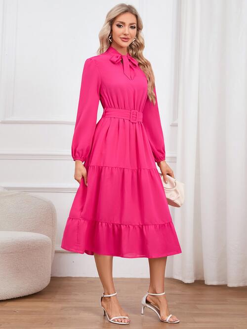 Tie Neck Long Sleeve Tiered Dress | Midi Dress With Waistband & Neck Bow