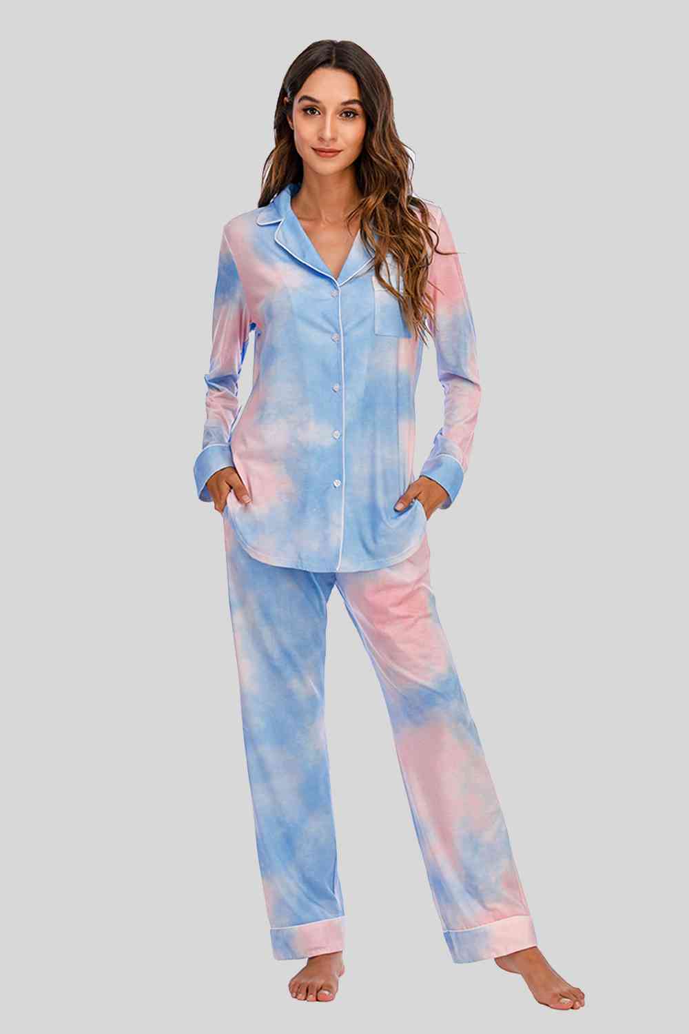 Collared Neck Long Sleeve Loungewear Set with Pockets | Stretchy Nylon Set