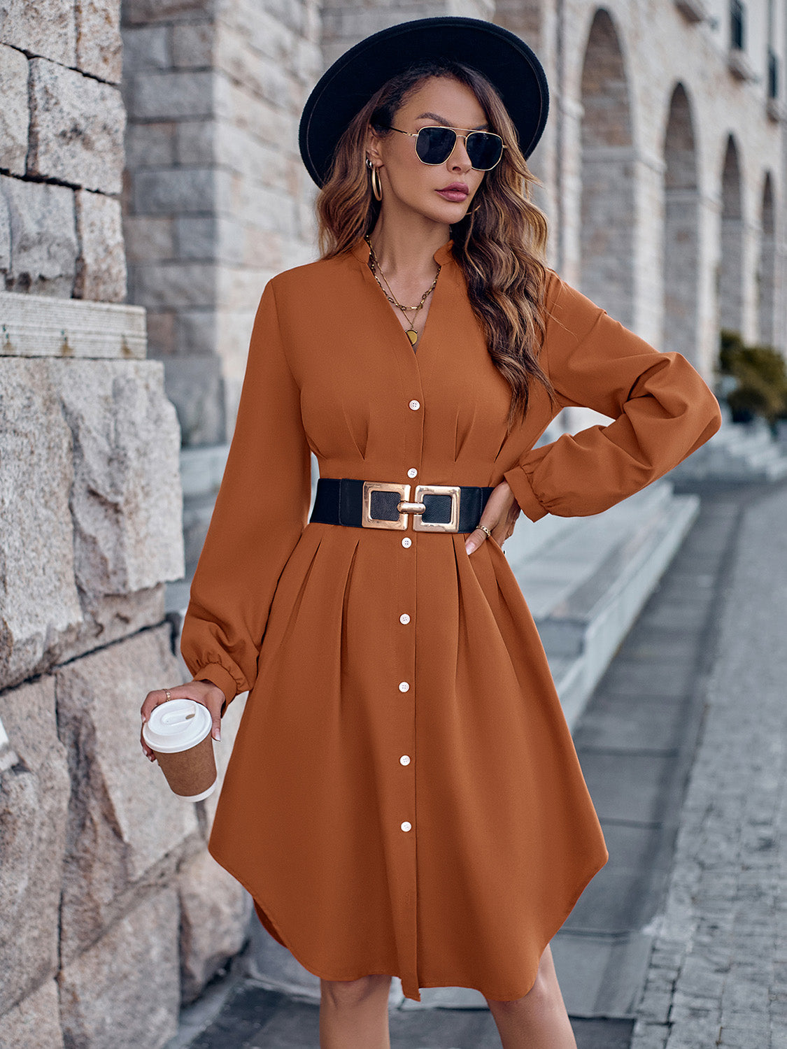Notched Neck Long Sleeve Dress | Casual Polyester Dress With Button Closure