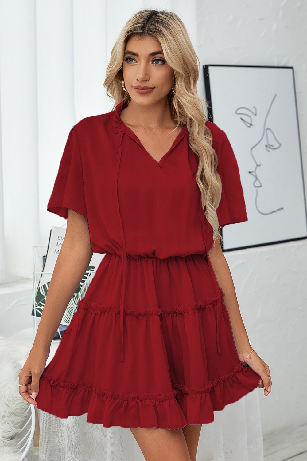 Tie Neck Frill Trim Short Sleeve Mini Dress | Mini Solid A-line Polyester Dress