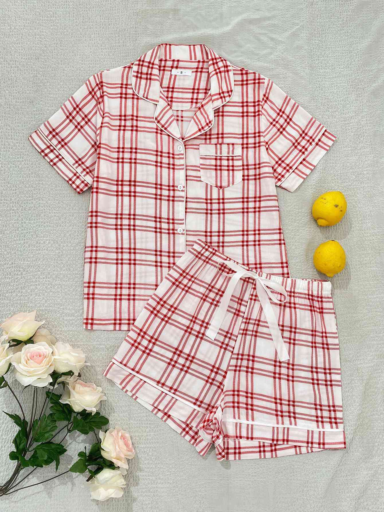 Plaid Lapel Collar Shirt and Shorts Lounge Set | Flat Lay Print Viscose Set